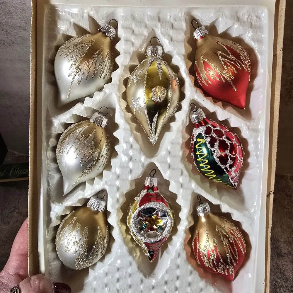 Vintage Glitter Mercury Glass Christmas Ornaments Europe Teardrop Tree Set Of 7